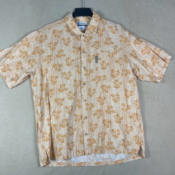 Columbia Mens XL Hawaiian Short‎ Sleeve Button Up Shirt Linen Blend Pocket - Picture 1 of 11